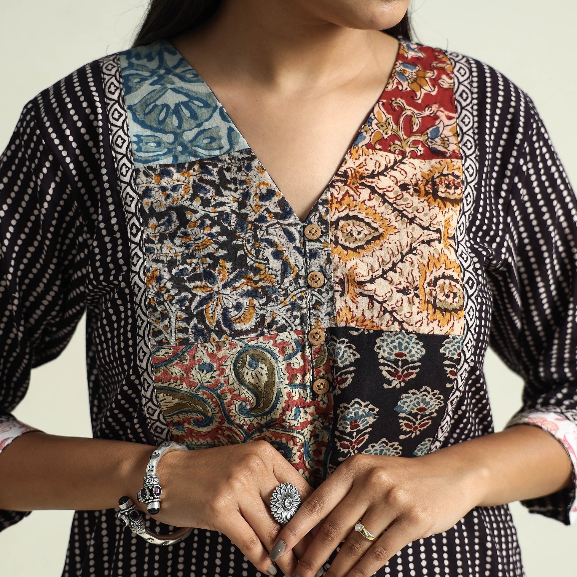 Black - Block Print Cotton Patchwork A-Line Bagh Kurta