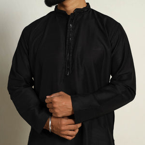 Black - Slub Silk Kurta for Men with Detailed Neckline Work 02