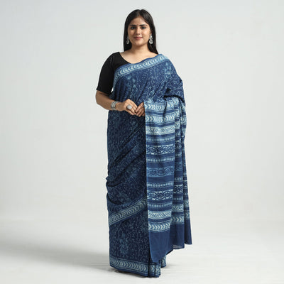 Blue - Akola Hand Block Printed Cotton Saree