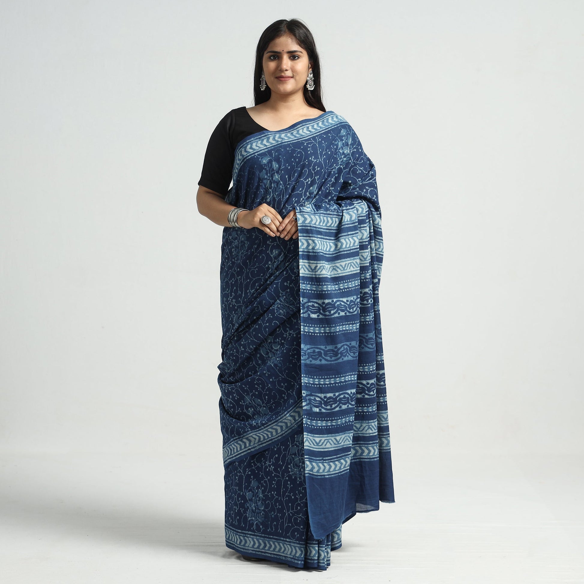 Blue - Akola Hand Block Printed Cotton Saree