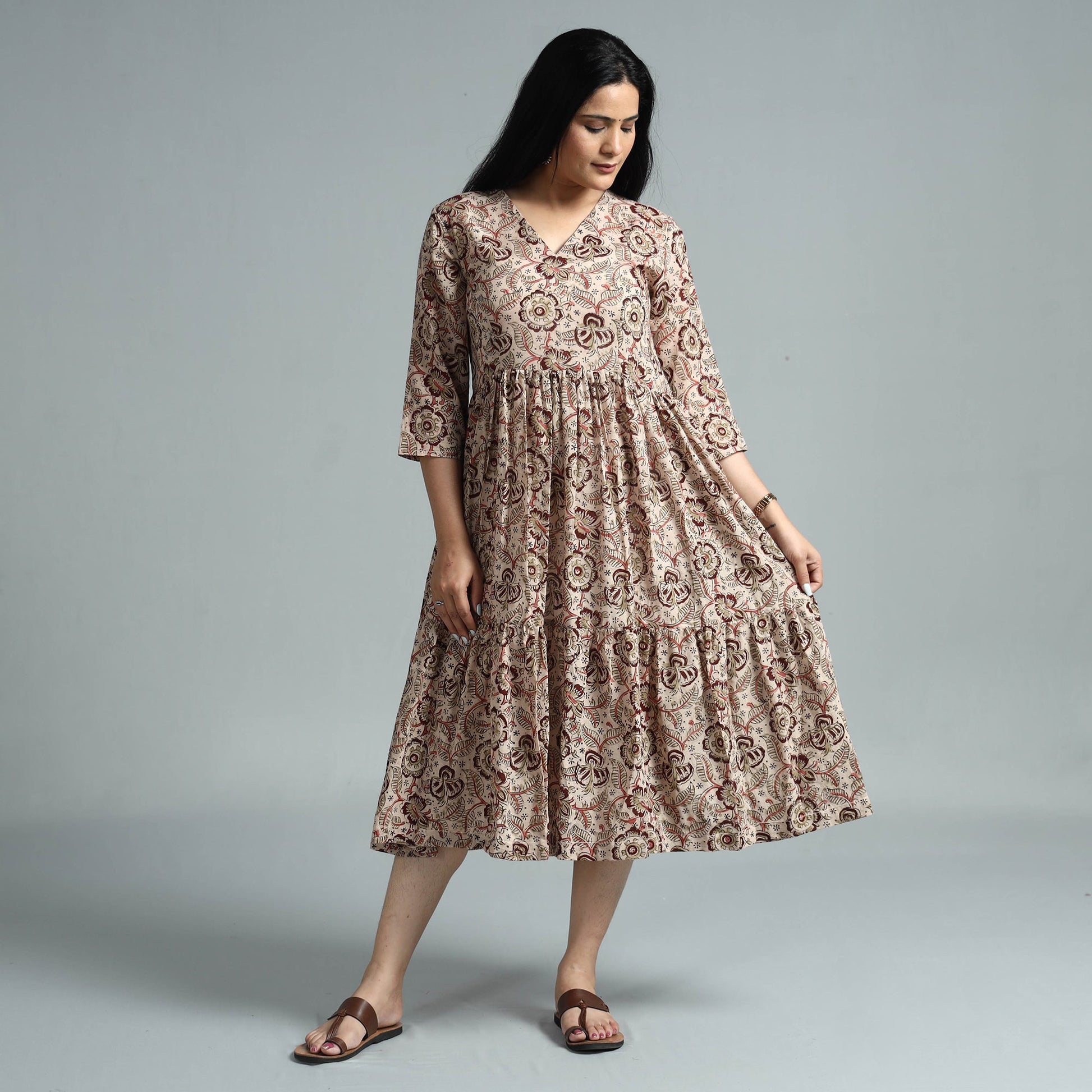 Beige - Kalamkari Block Printed Mul Cotton Flared Gher Dress