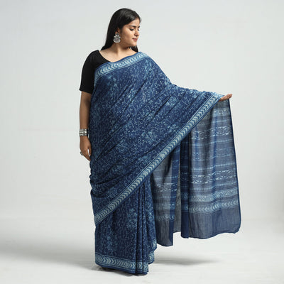 Blue - Akola Hand Block Printed Cotton Saree