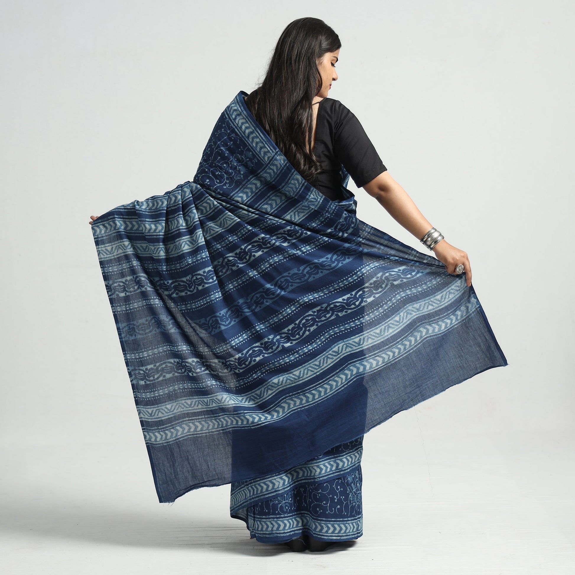 Blue - Akola Hand Block Printed Cotton Saree