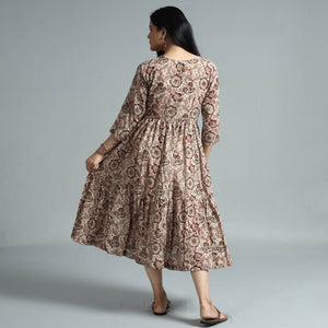 Beige - Kalamkari Block Printed Mul Cotton Flared Gher Dress