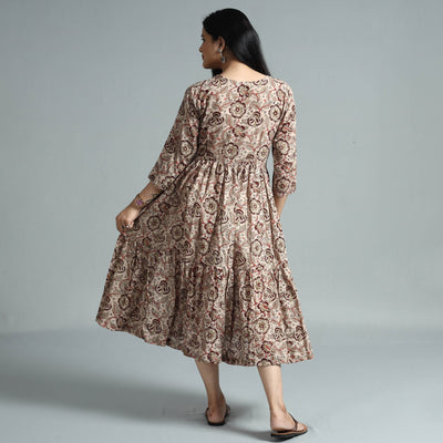 Beige - Kalamkari Block Printed Mul Cotton Flared Gher Dress
