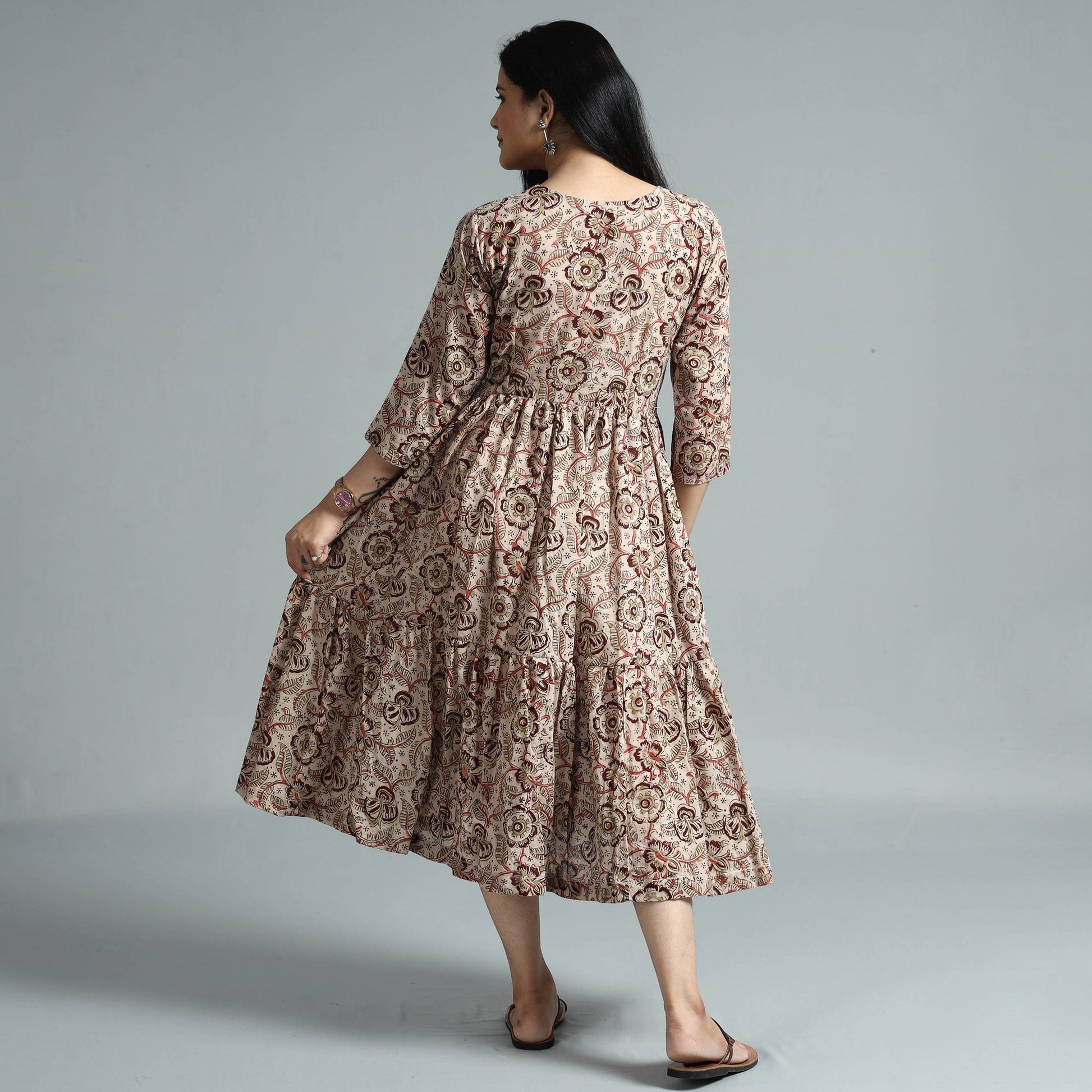 Beige - Kalamkari Block Printed Mul Cotton Flared Gher Dress