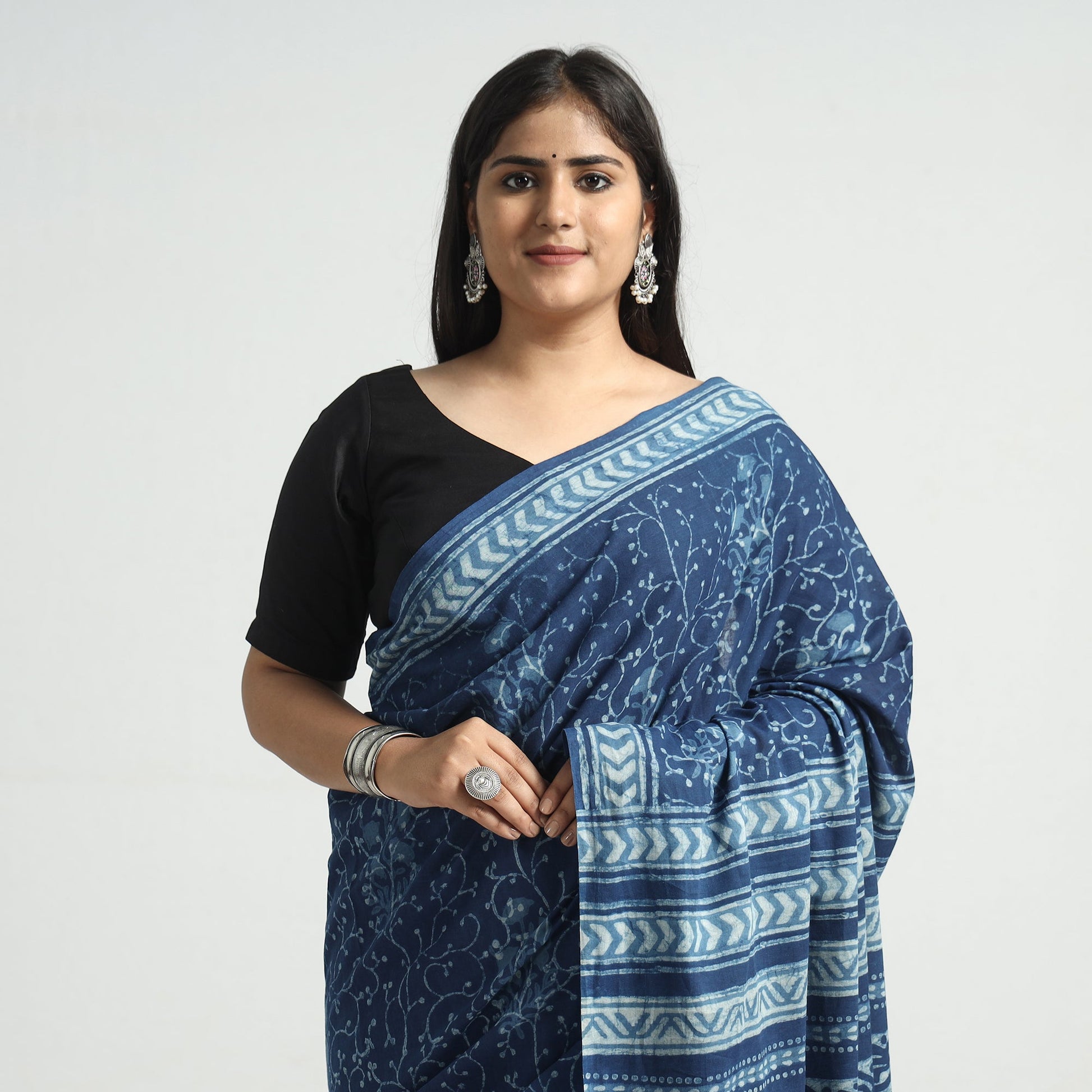 Blue - Akola Hand Block Printed Cotton Saree