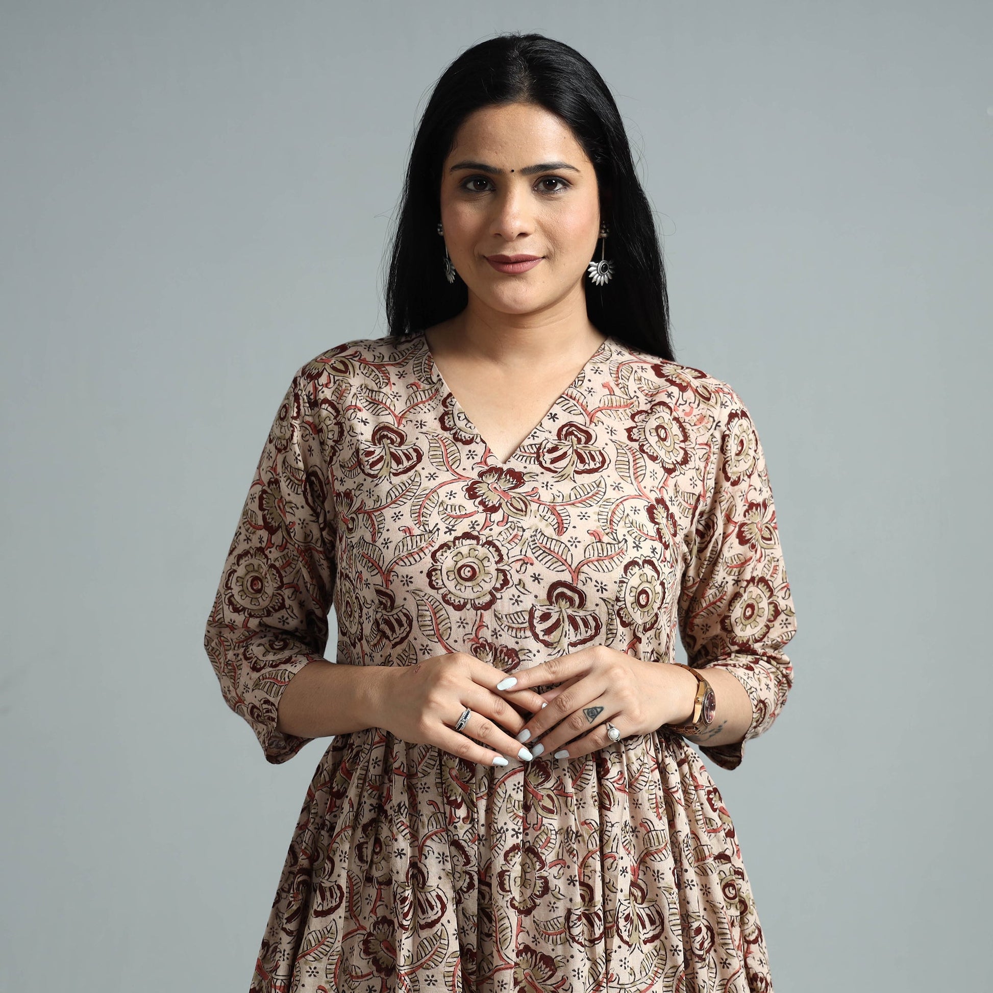 Beige - Kalamkari Block Printed Mul Cotton Flared Gher Dress