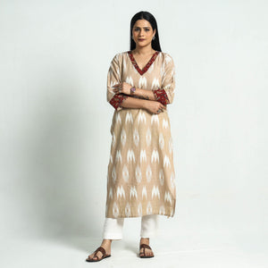 Beige - Pochampally Ikat Weave Cotton Straight Kurta