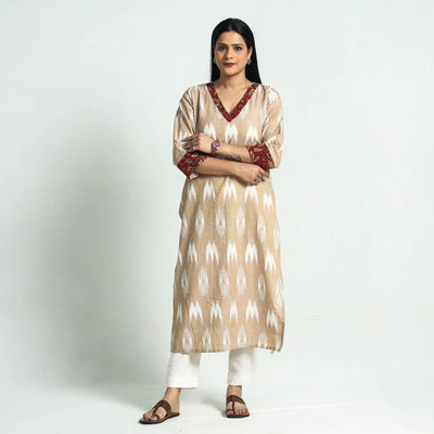 Beige - Pochampally Ikat Weave Cotton Straight Kurta