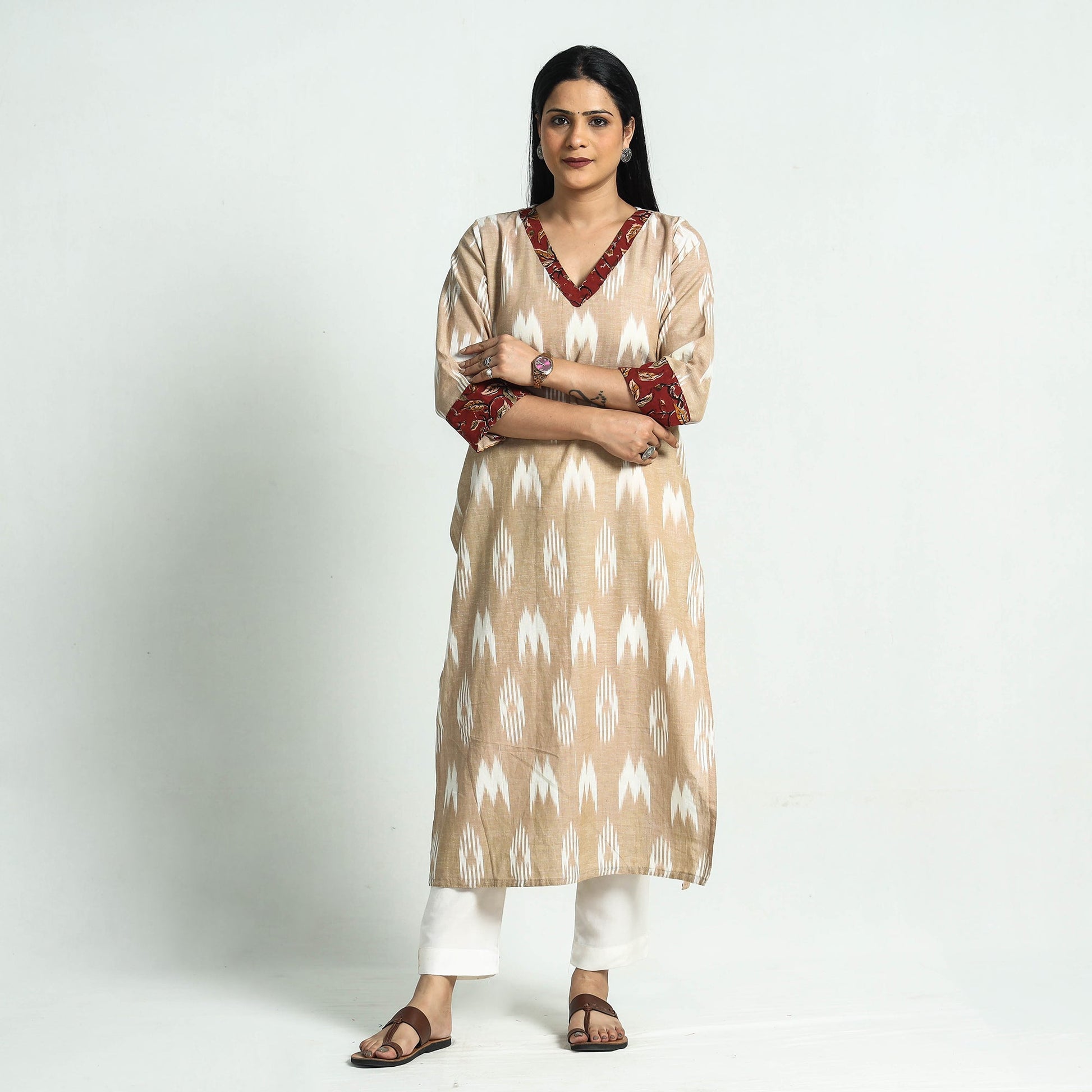 Beige - Pochampally Ikat Weave Cotton Straight Kurta