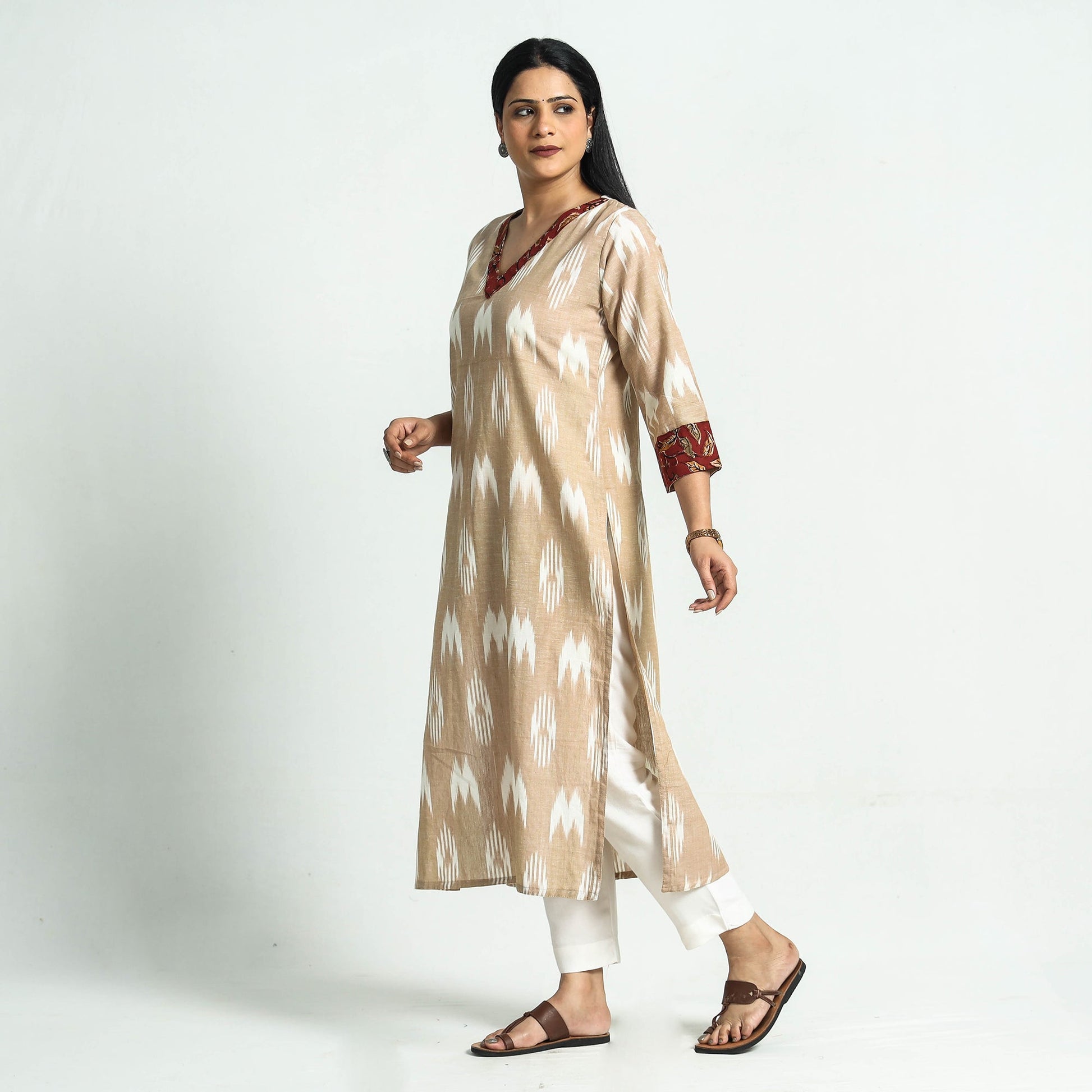 Beige - Pochampally Ikat Weave Cotton Straight Kurta