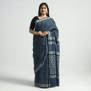 Blue - Akola Hand Block Printed Cotton Saree