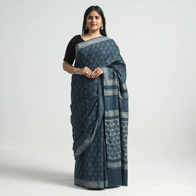 Blue - Akola Hand Block Printed Cotton Saree