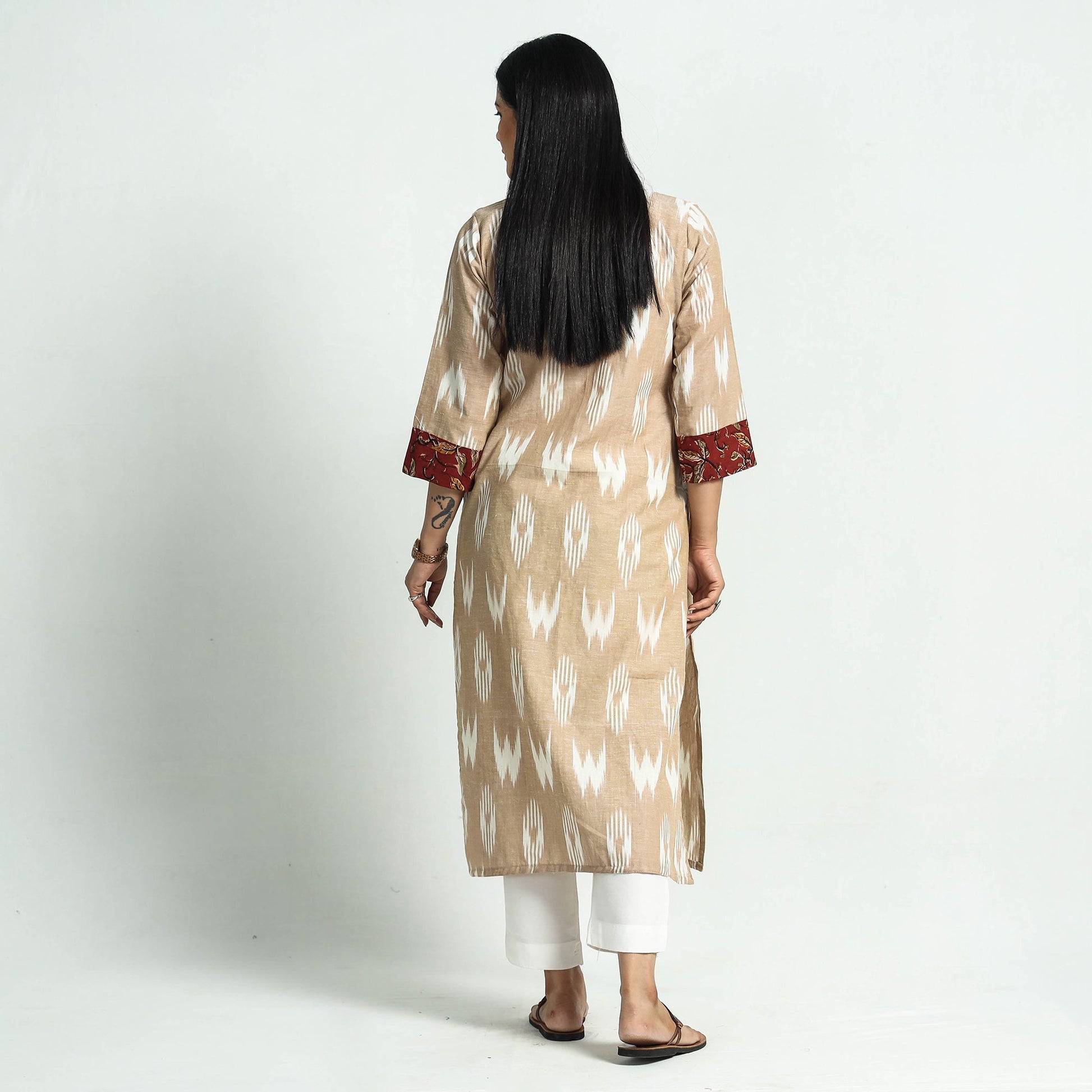 Beige - Pochampally Ikat Weave Cotton Straight Kurta
