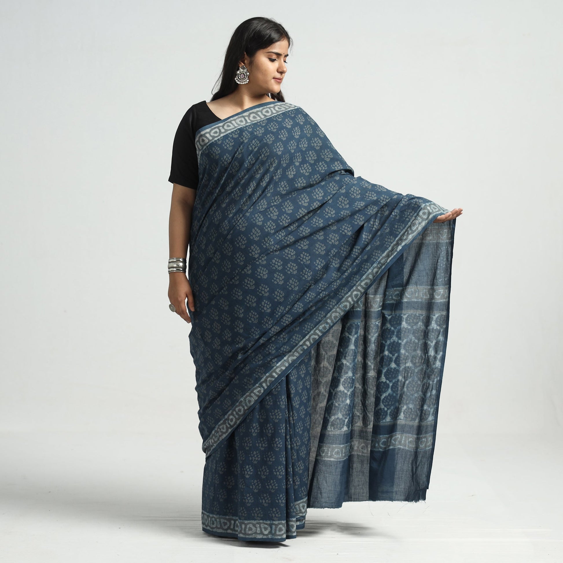 Blue - Akola Hand Block Printed Cotton Saree