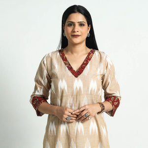 Beige - Pochampally Ikat Weave Cotton Straight Kurta