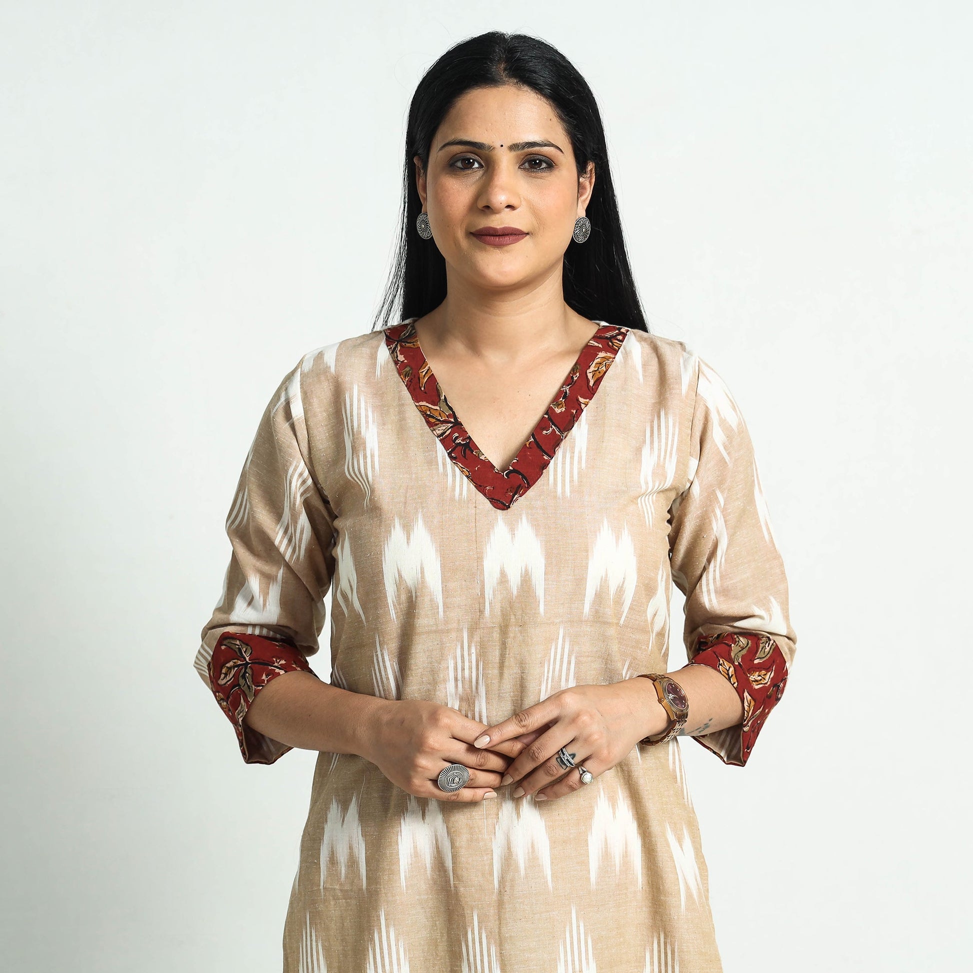 Beige - Pochampally Ikat Weave Cotton Straight Kurta