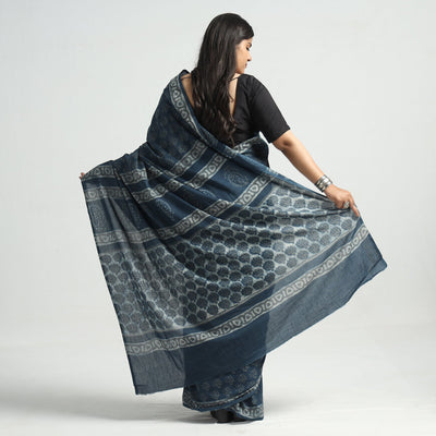 Blue - Akola Hand Block Printed Cotton Saree