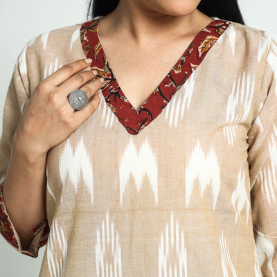 Beige - Pochampally Ikat Weave Cotton Straight Kurta