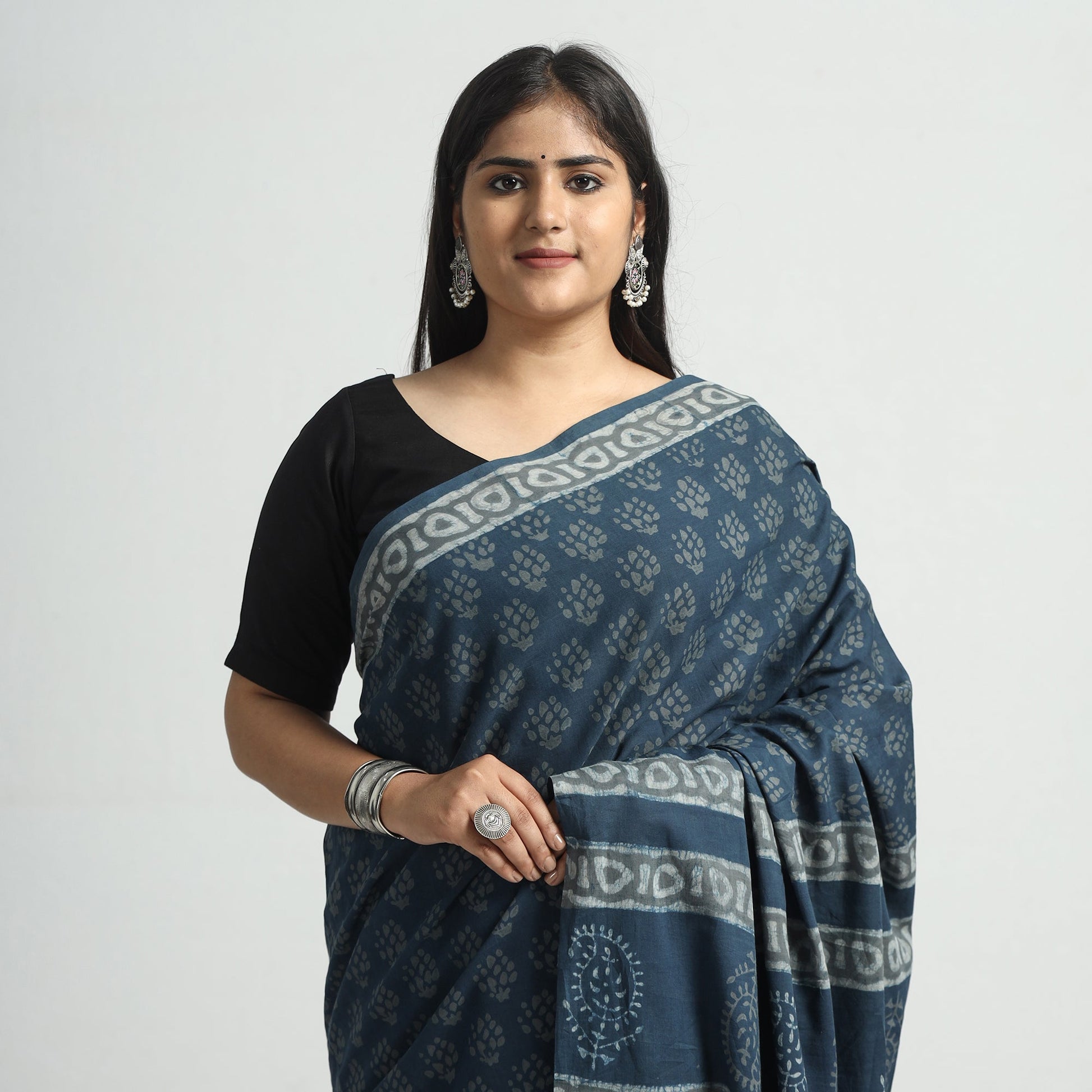 Blue - Akola Hand Block Printed Cotton Saree