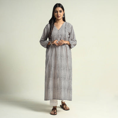 Beige - Block Print Cotton Straight Bagh Kurta