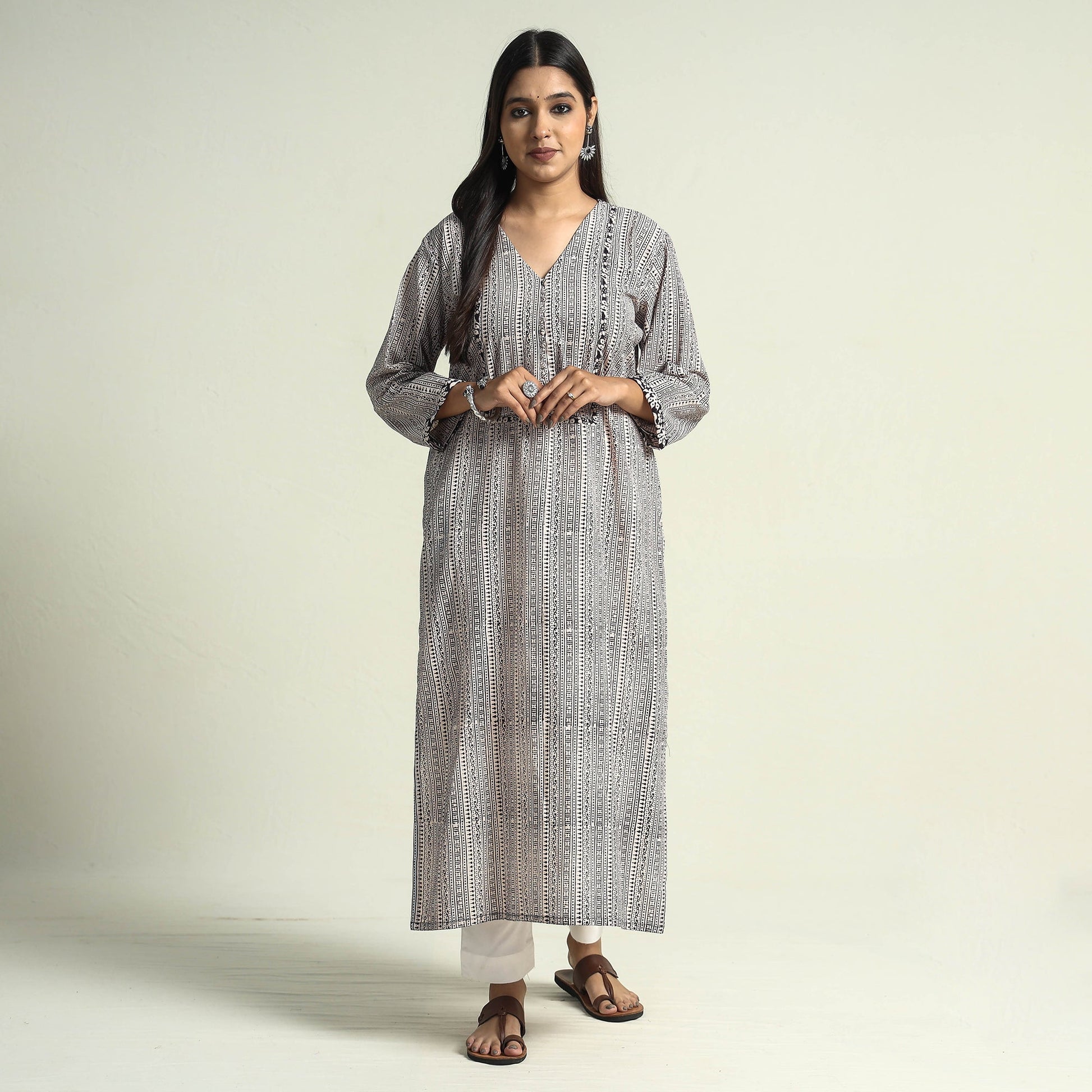 Beige - Block Print Cotton Straight Bagh Kurta