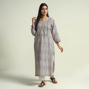 Beige - Block Print Cotton Straight Bagh Kurta