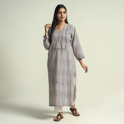 Beige - Block Print Cotton Straight Bagh Kurta