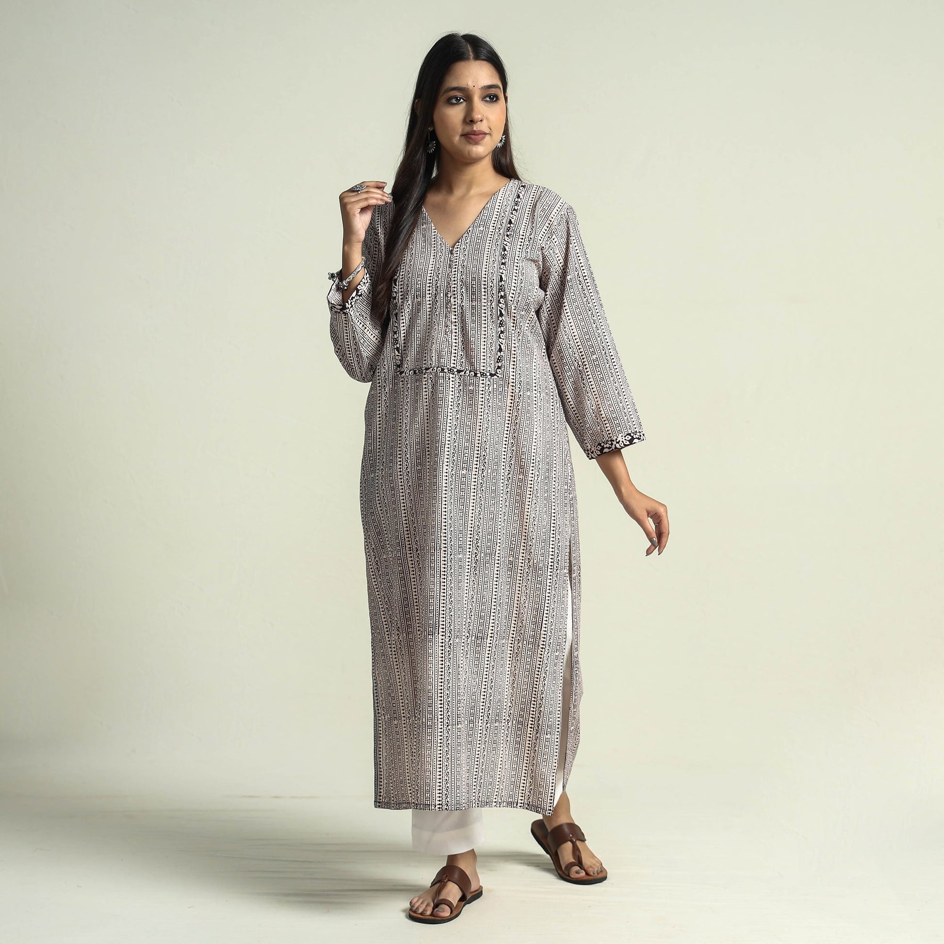Beige - Block Print Cotton Straight Bagh Kurta