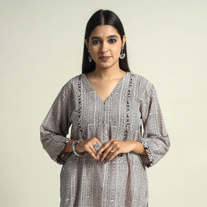 Beige - Block Print Cotton Straight Bagh Kurta
