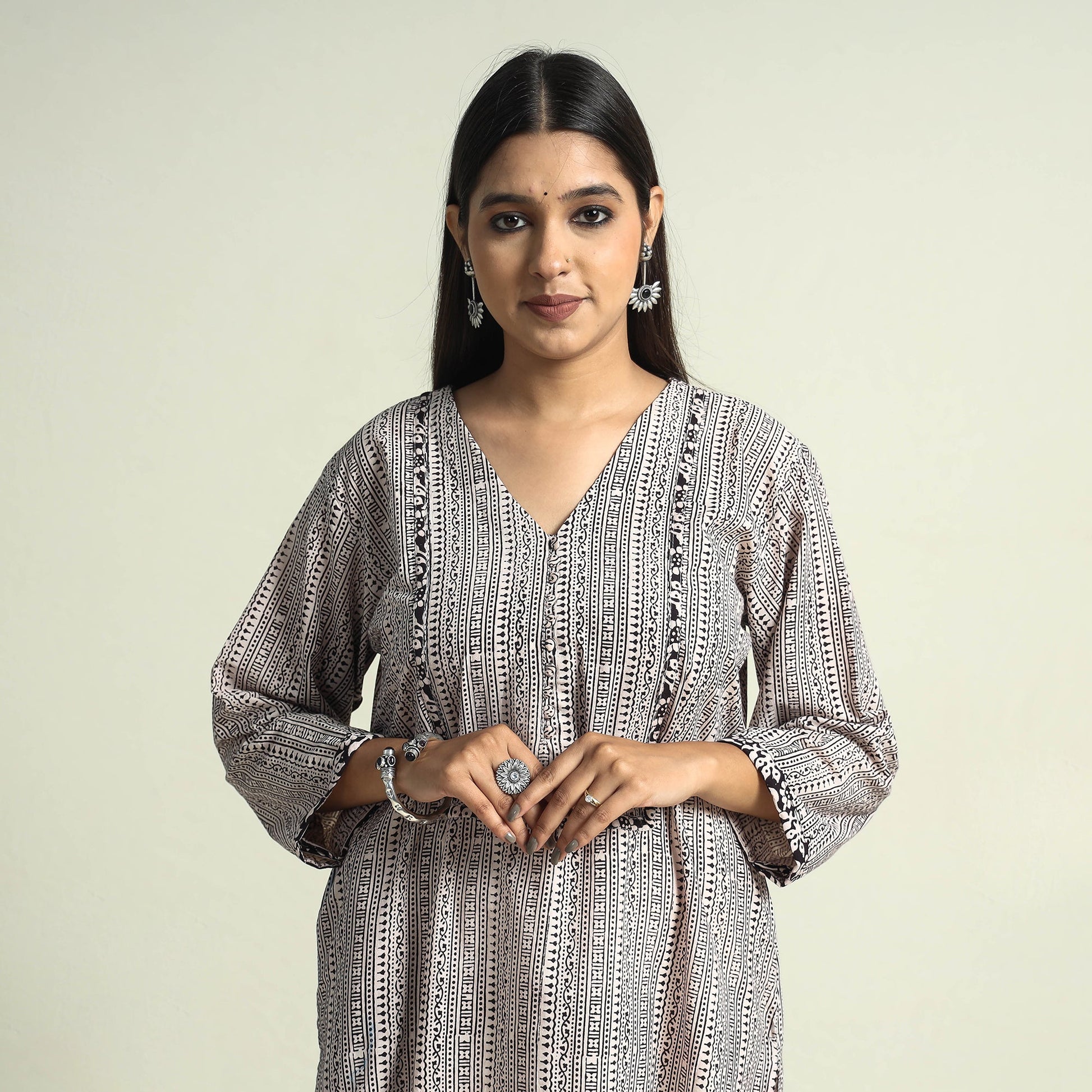 Beige - Block Print Cotton Straight Bagh Kurta