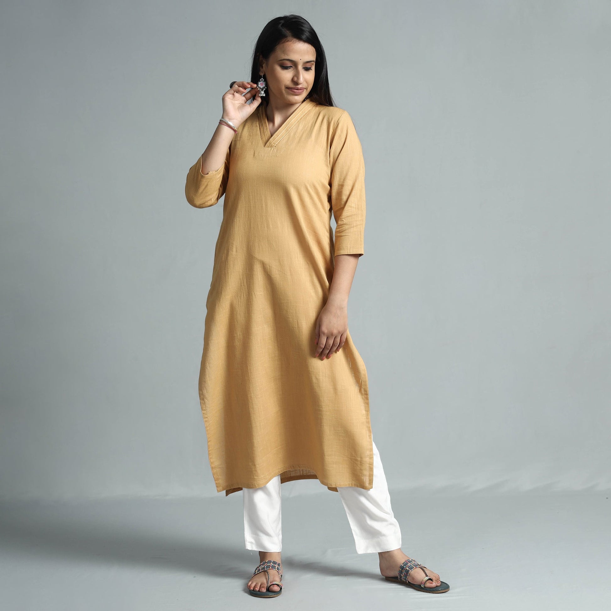Beige - Plain Flex Cotton Long Straight Kurta 21
