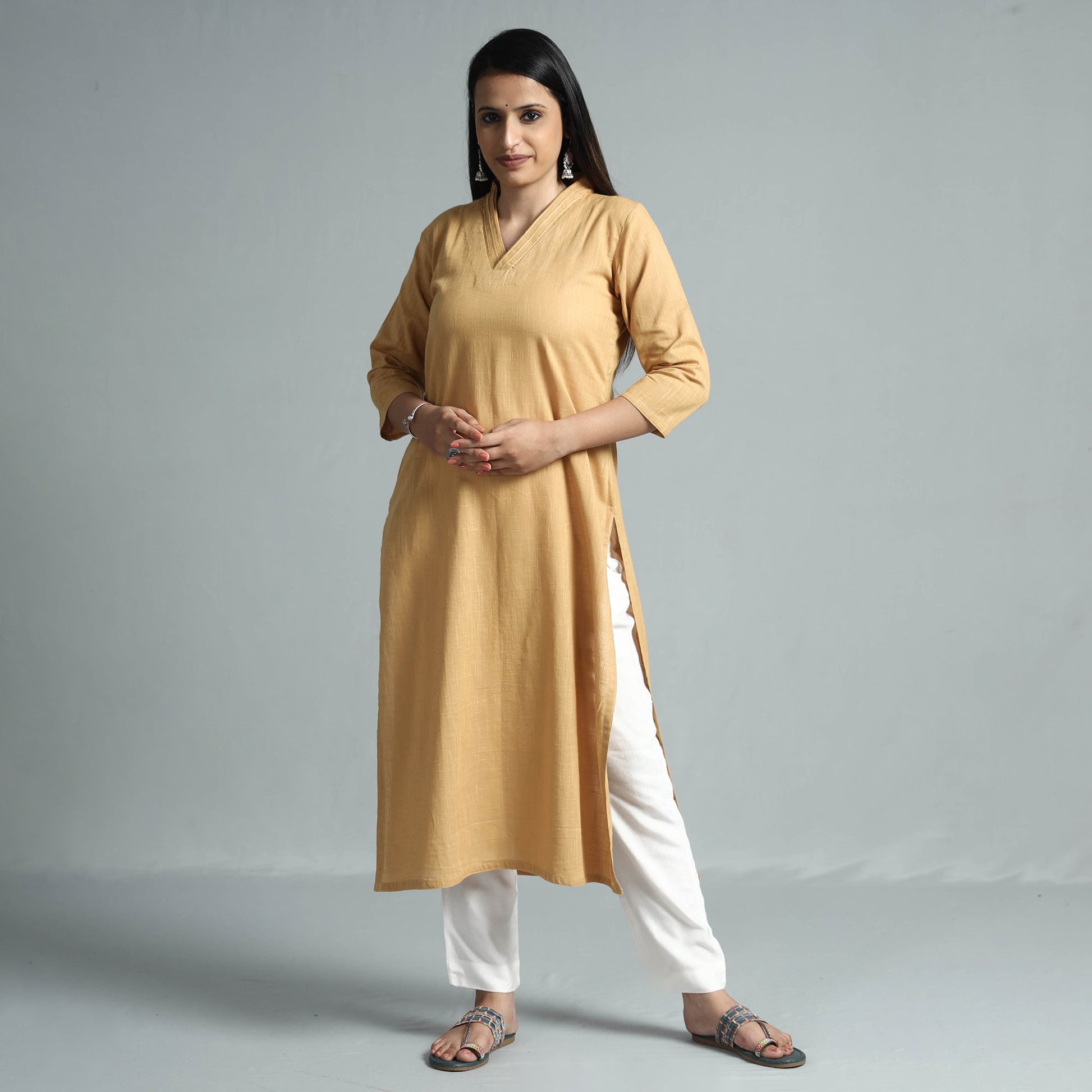 Beige - Plain Flex Cotton Long Straight Kurta 21