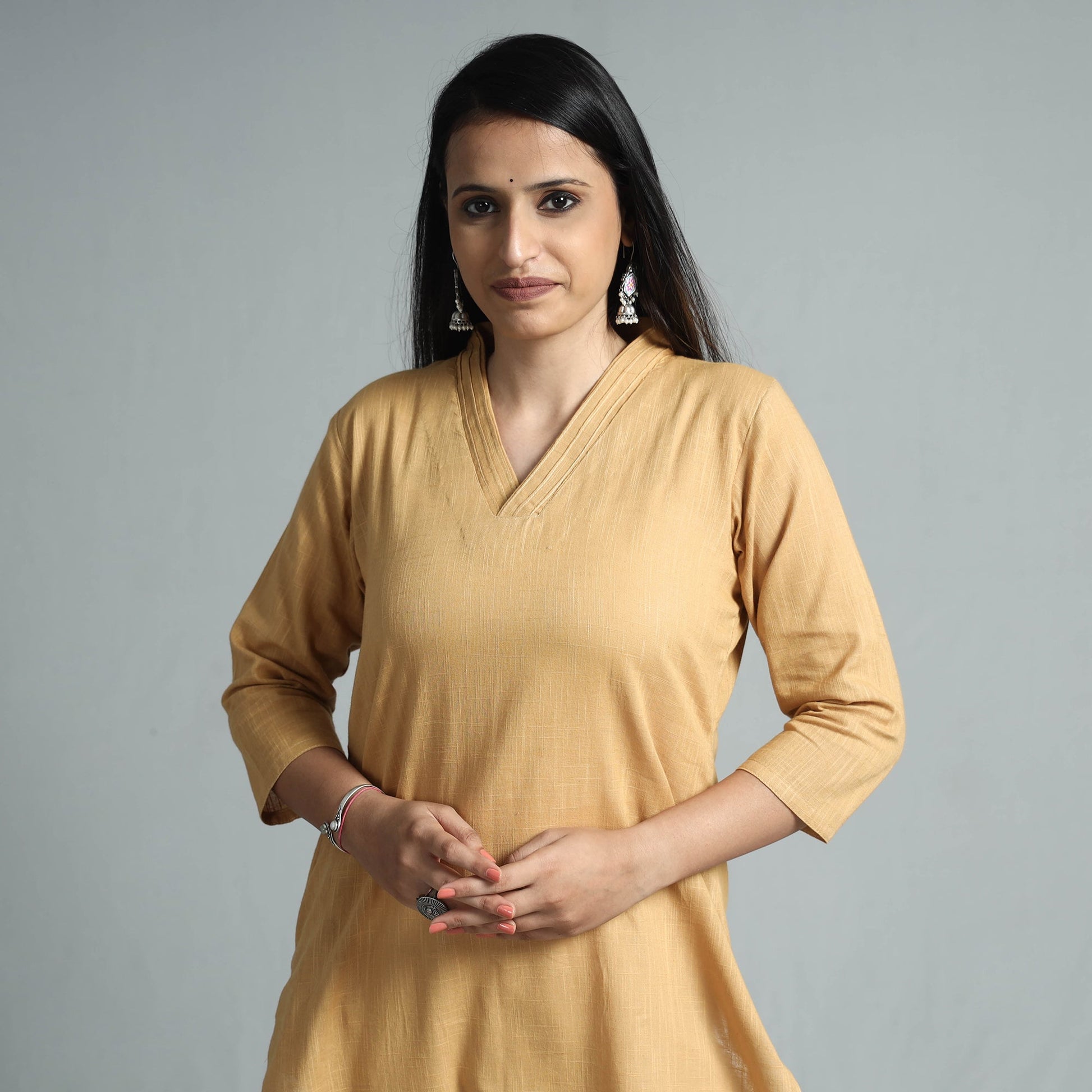 Beige - Plain Flex Cotton Long Straight Kurta 21