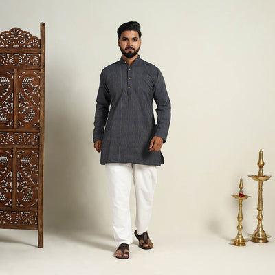 Black - Handloom Cotton Stripe Short Men Plain Kurta 01
