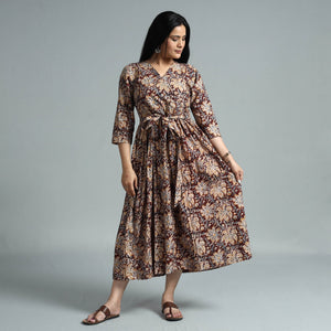 Brown - Kalamkari Block Printed Cotton Flared Gher Dress