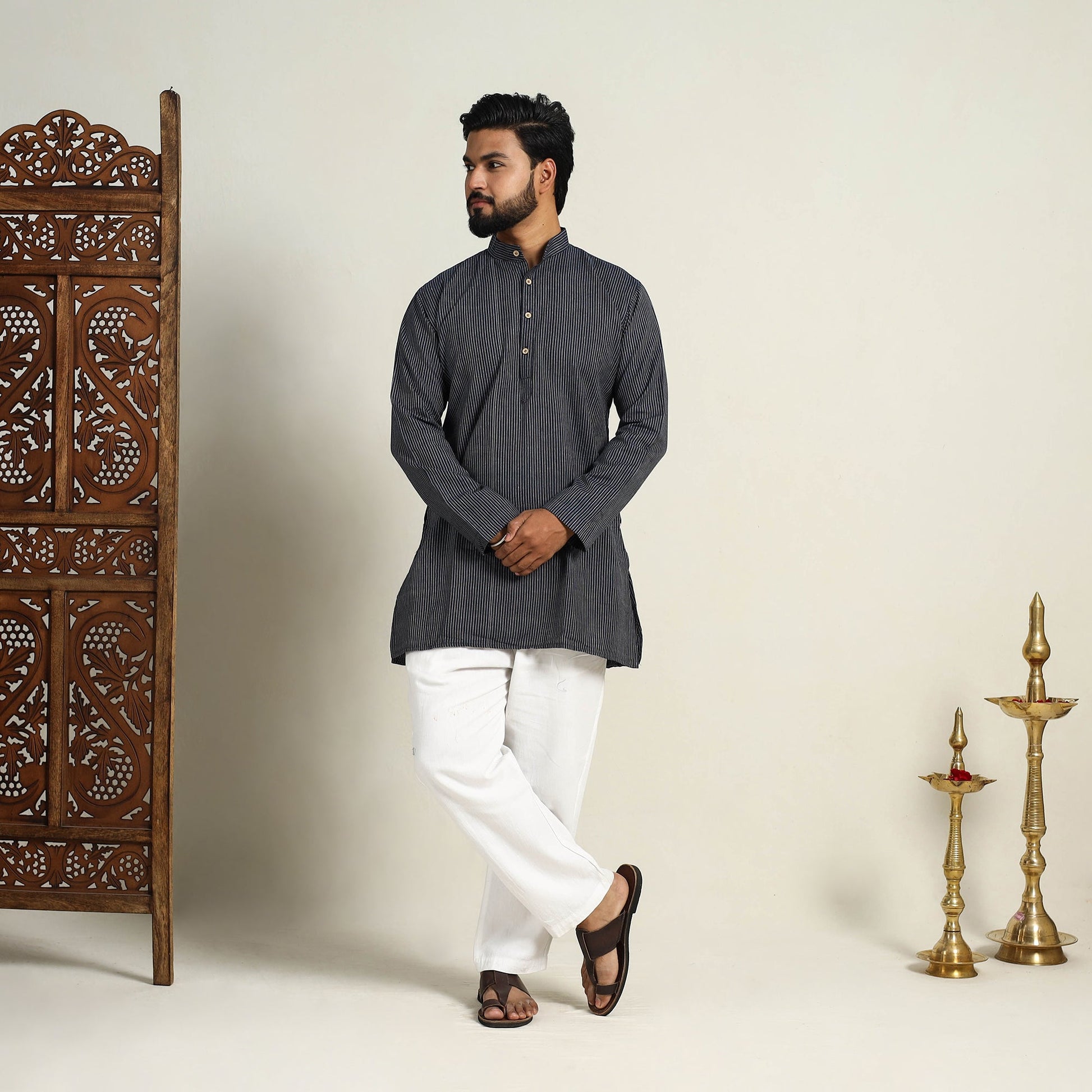 Black - Handloom Cotton Stripe Short Men Plain Kurta 01