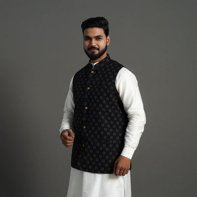 Black - Pochampally Double Ikat Handloom Cotton Men Nehru Jacket 06