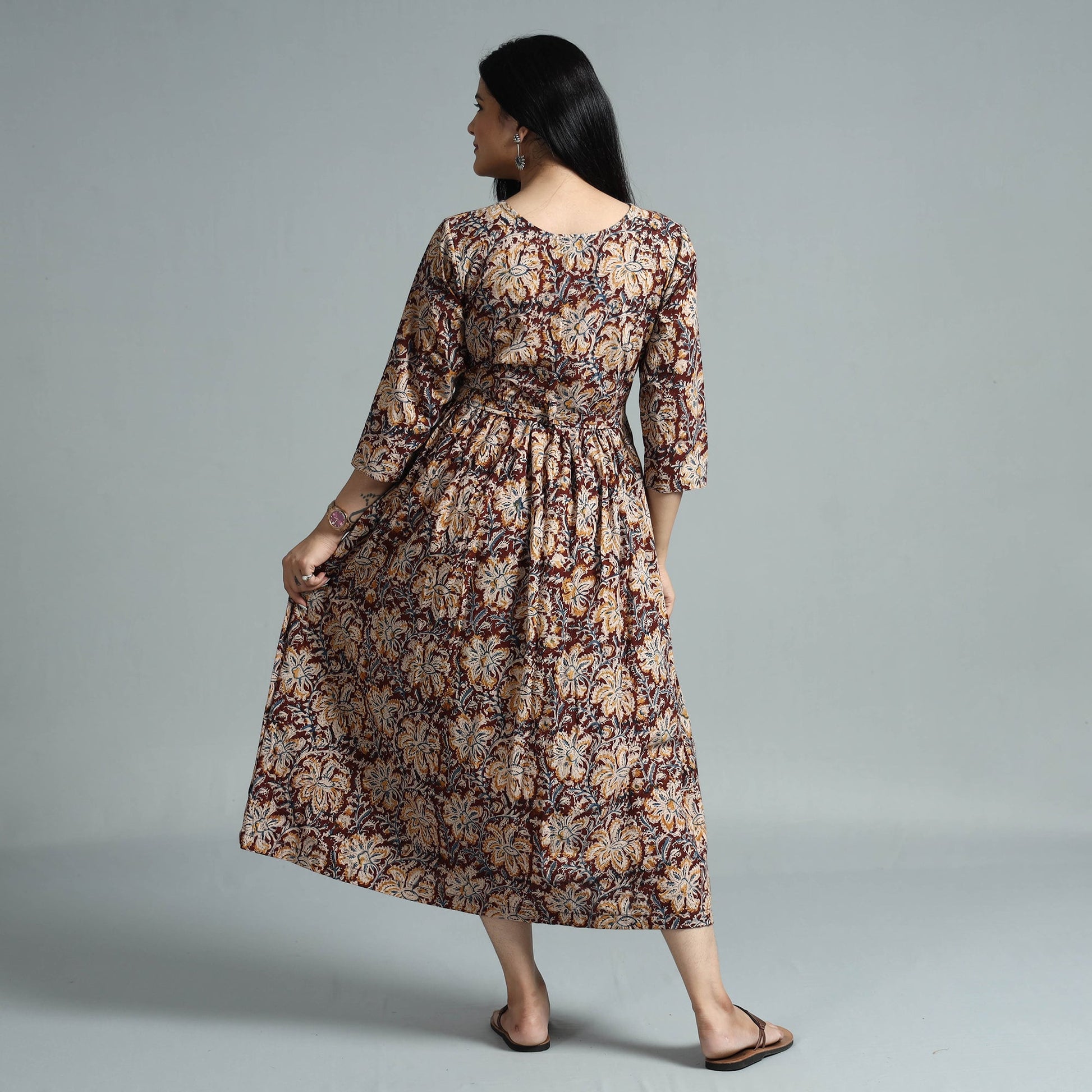 Brown - Kalamkari Block Printed Cotton Flared Gher Dress