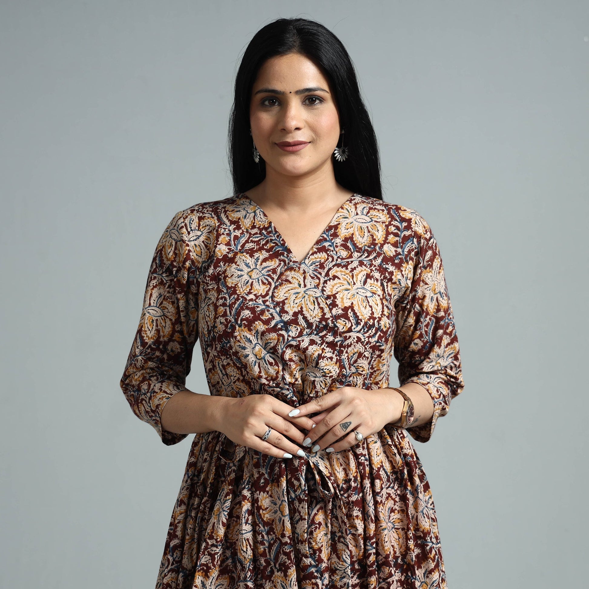 Brown - Kalamkari Block Printed Cotton Flared Gher Dress