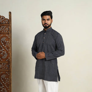 Black - Handloom Cotton Stripe Short Men Plain Kurta 01