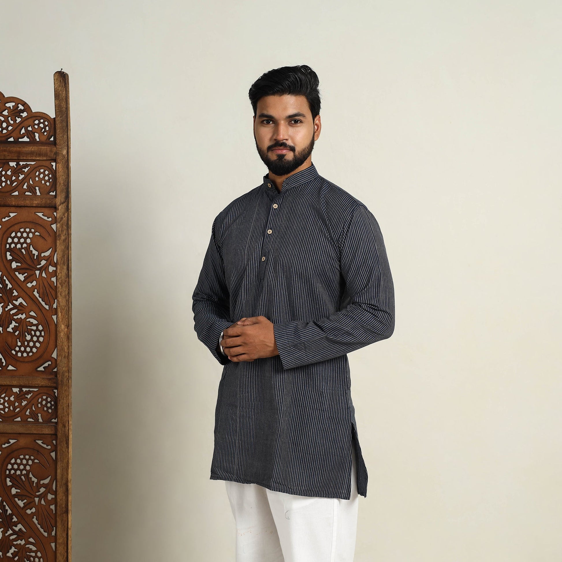 Black - Handloom Cotton Stripe Short Men Plain Kurta 01