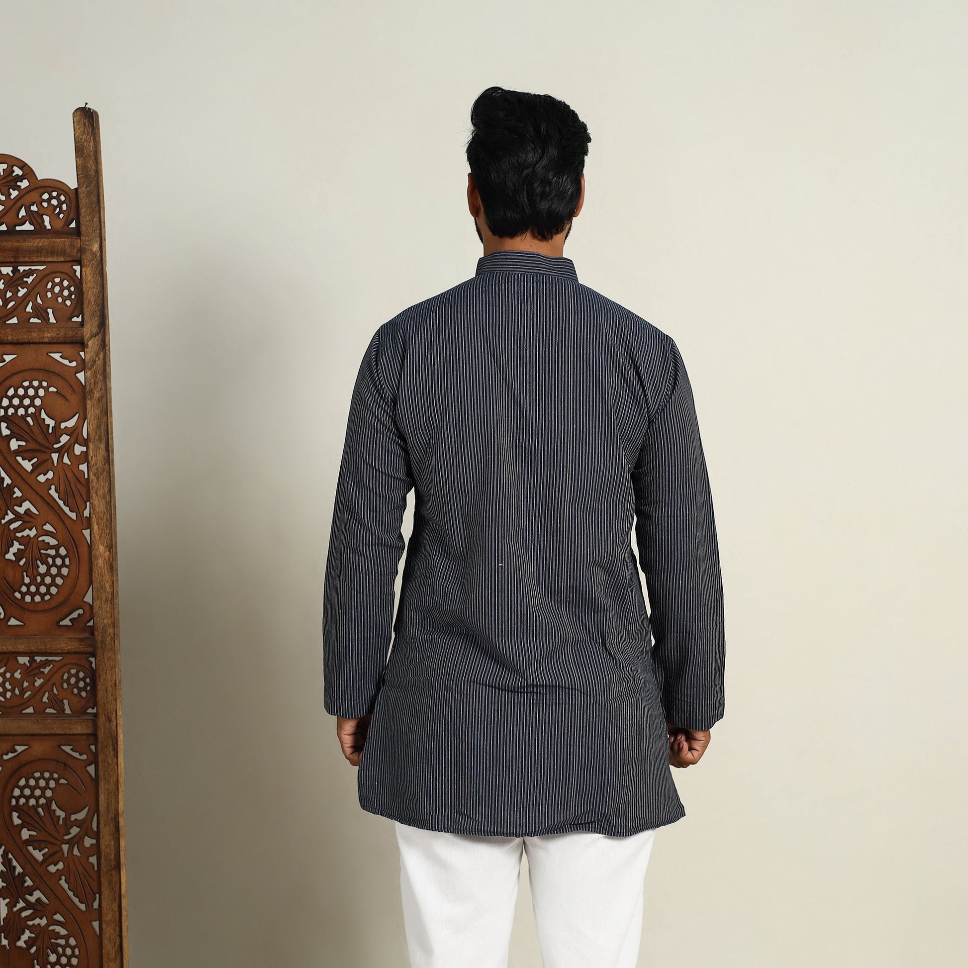 Black - Handloom Cotton Stripe Short Men Plain Kurta 01