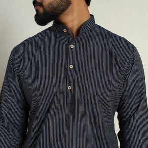 Black - Handloom Cotton Stripe Short Men Plain Kurta 01