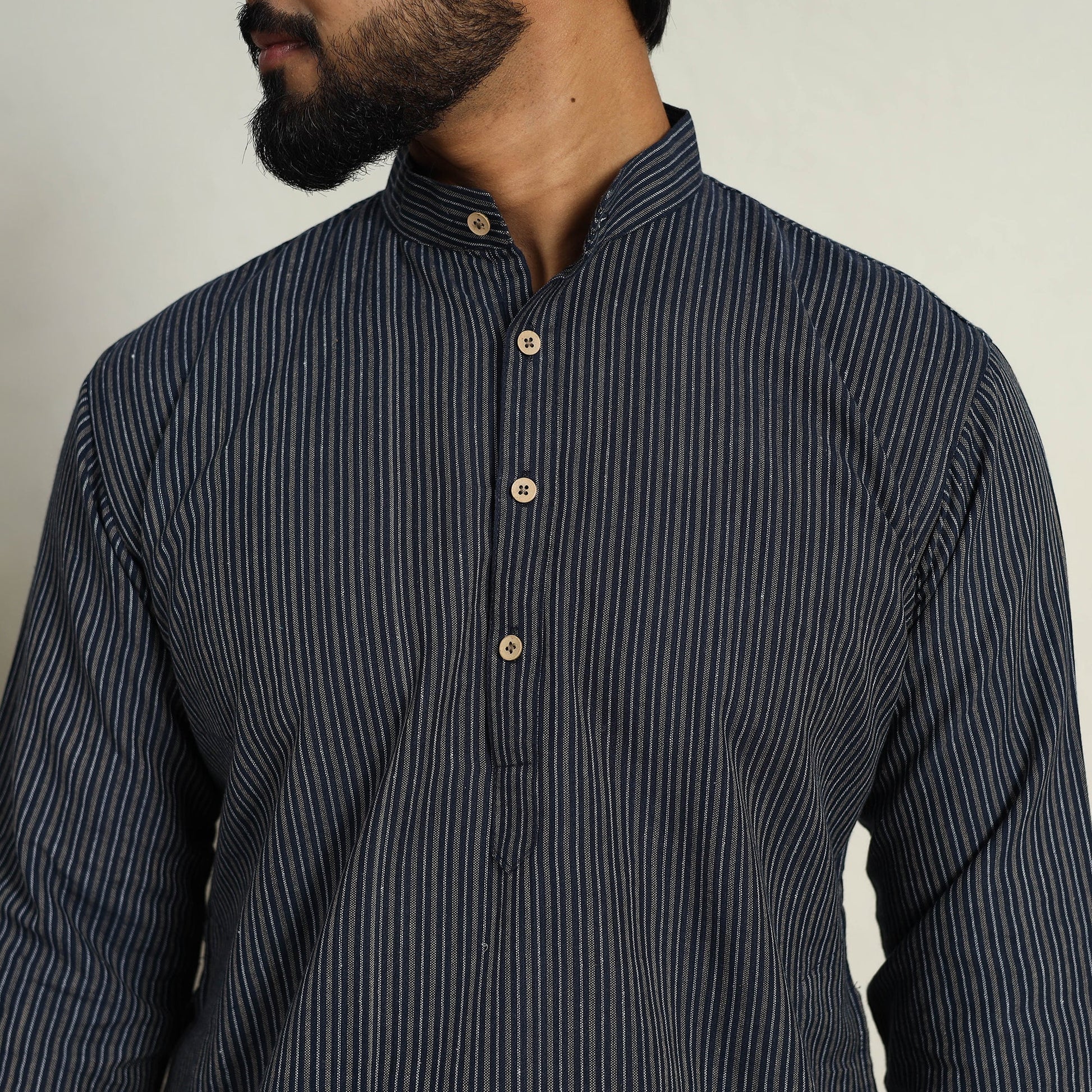 Black - Handloom Cotton Stripe Short Men Plain Kurta 01