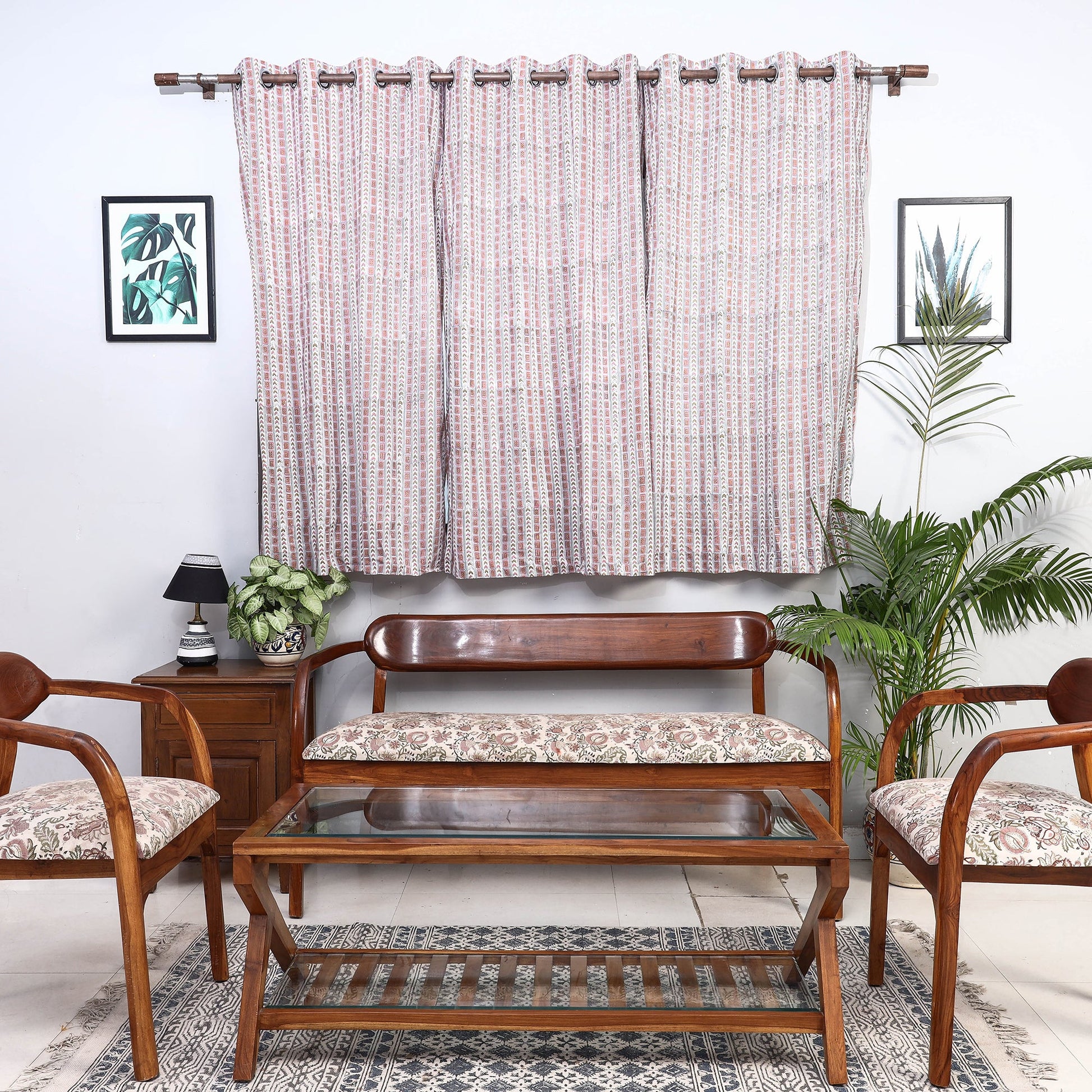 Beige - Sanganeri Block Printed Cotton Window Curtain (5 x 3 Feet) (Single Piece)