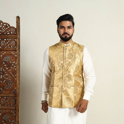 Beige - Brocade Silk Banarasi Nehru Jacket 05