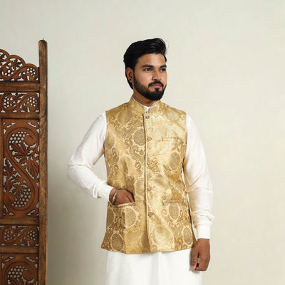 Beige - Brocade Silk Banarasi Nehru Jacket 05
