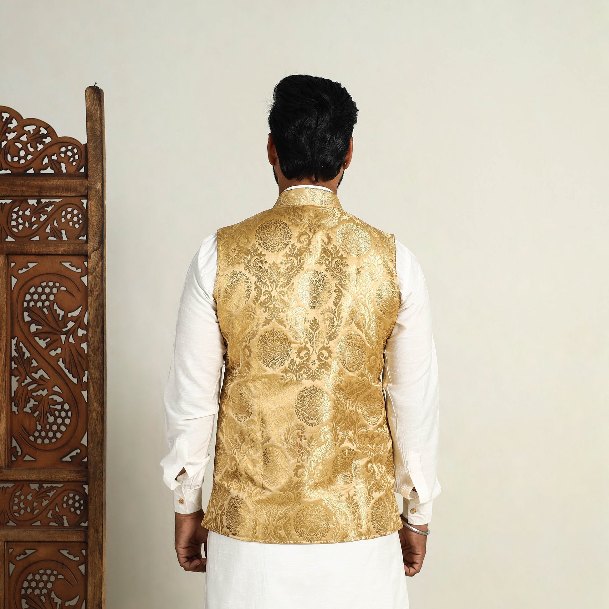 Beige - Brocade Silk Banarasi Nehru Jacket 05